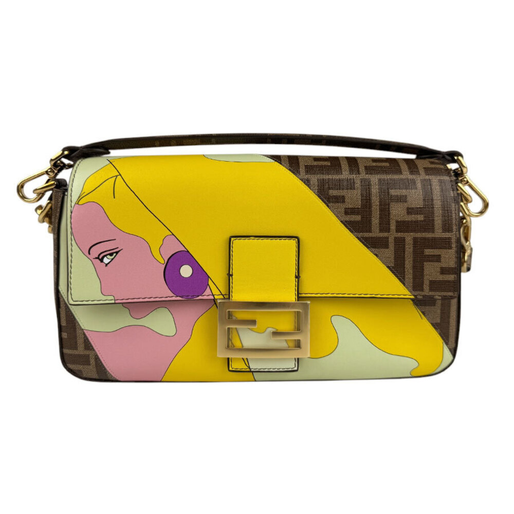 Fendi Zucca Baguette Leather Shoulder Bag Brown Multicolor